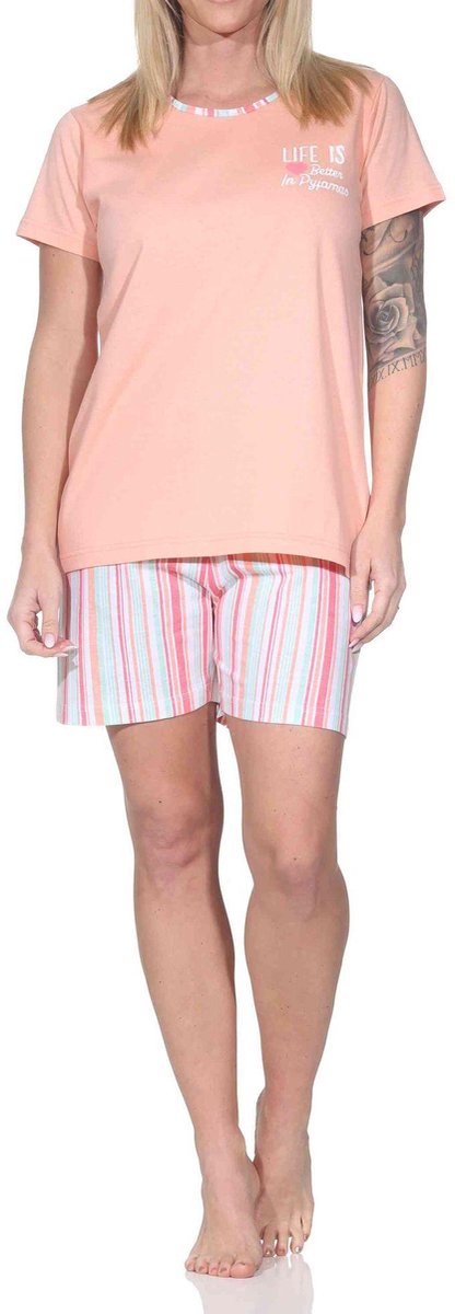 Normann dames pyjama shorty met korte mouwen en gestreepte pyjamabroek apricot