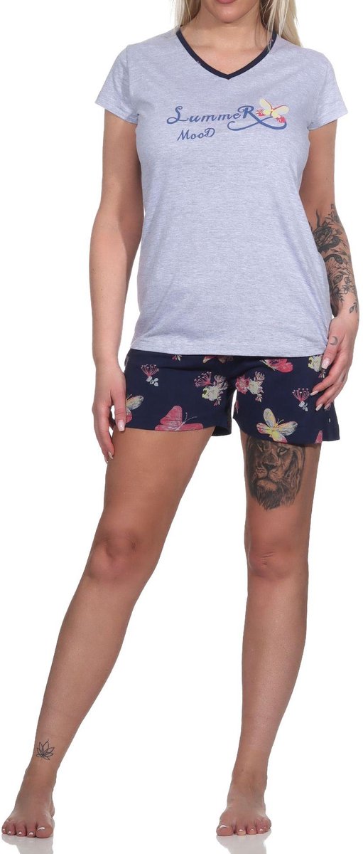 Normann Geweldige dames shorty pyjama met korte mouwen en vlindermotief - ook in overmaten grau-mel.