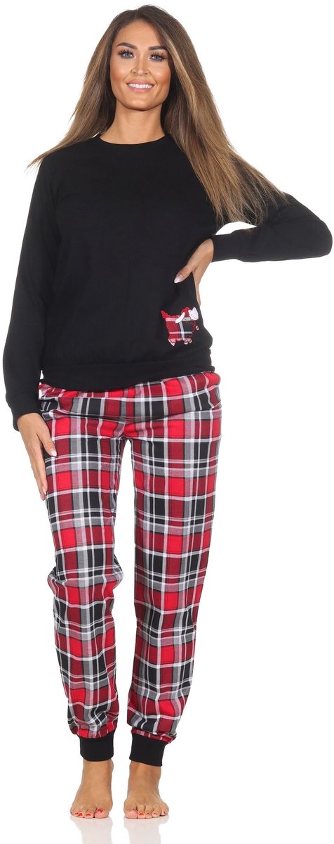 Normann Damespyjama met boorden met geruite broek en schattig dierenmotief - ook in overmaten schwarz