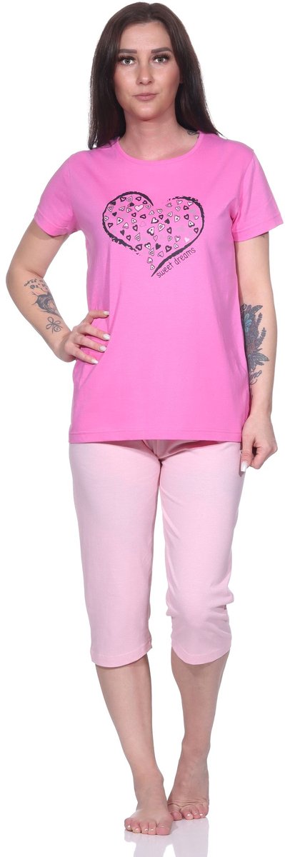 Normann Dames capri pyjama, 3/4 capri pyjama met hartjespatroon pink