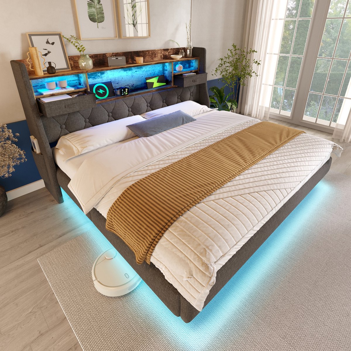 STILVORA Gestoffeerd Bed 140x190 Cm – Zwevend Effect Met Led Sfeerverlichting – Hoofdbord Met Oplaadpunten – Opbergruimte – Zonder Matras – Grijs