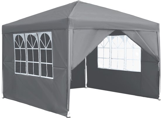 Grijze vierkante partytent met gebogen ramen aan twee zijden en een open voorkant, op witte achtergrond.