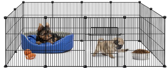 Zwarte ren met een yorkshire terriër in een blauwe mand, een puppy en een voerbak.