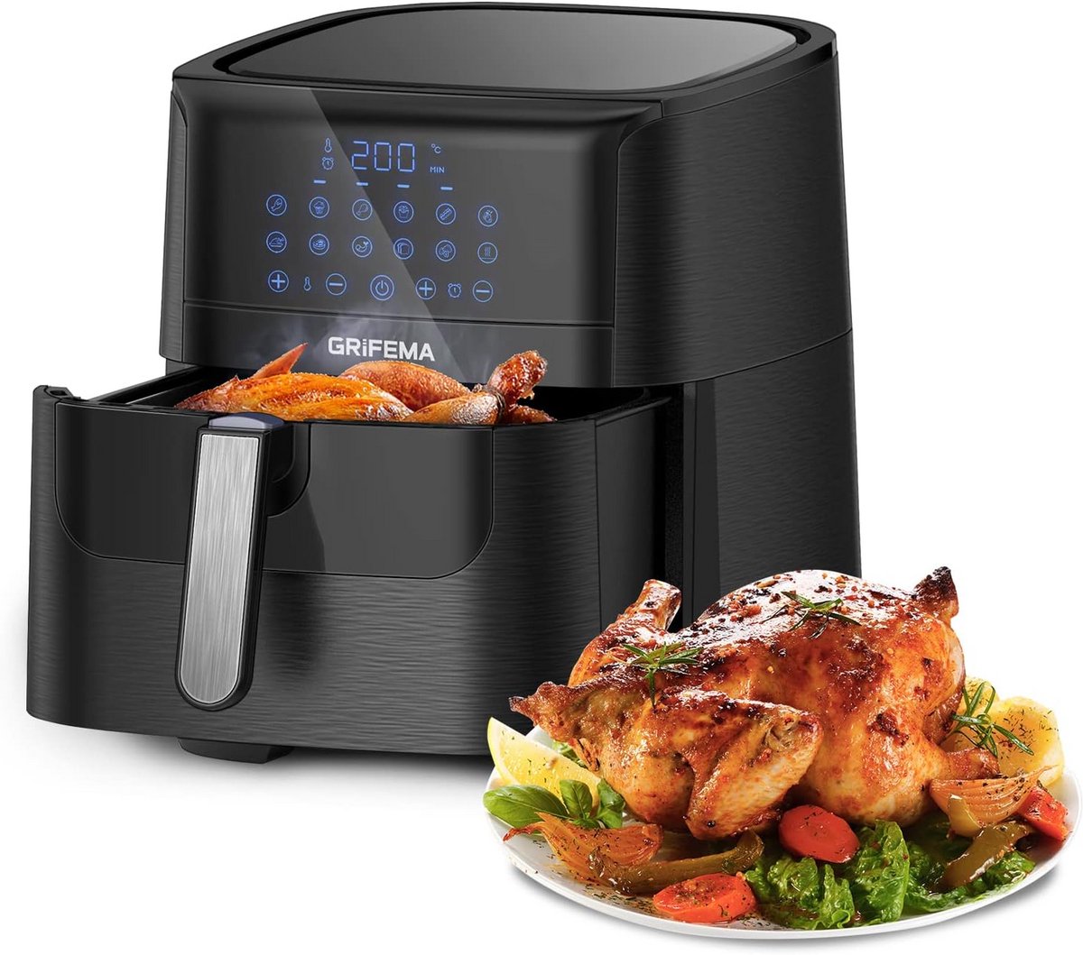 GRIFEMA GC2001 Oil Fryer 6.5L/1800W With Touch Screen LED Screen, Hot Air Fryer, 12 Presets for Fast Air Cycle, 60 Minutes Time and Adjustable Temperature, Black