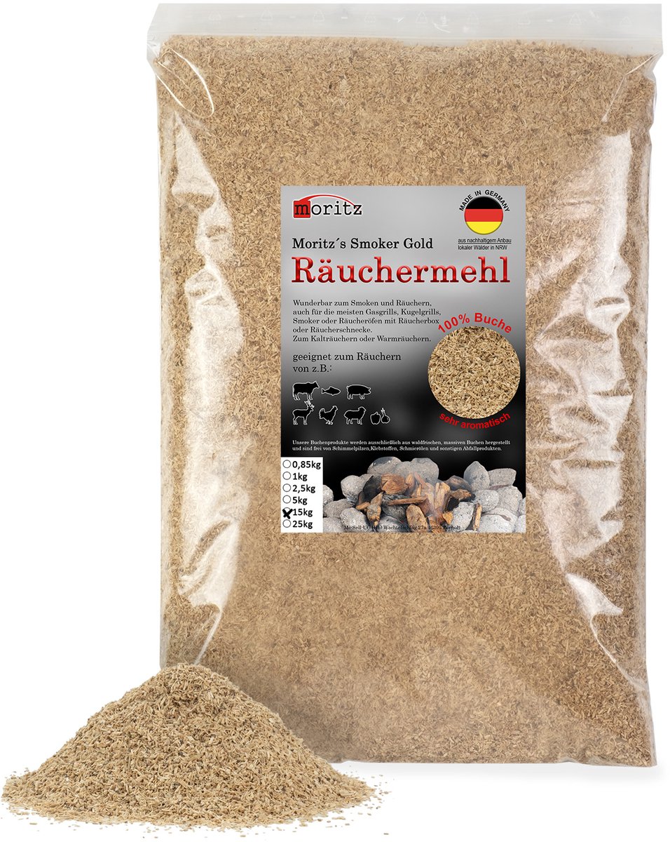 Moritz 15 kg rookmeel beukenhout fijn 0,5 -1 mm Roken I Koud roken van vis, vlees, worst, kaas, groenten, ook voor BBQ I Grill - Rookspaanders