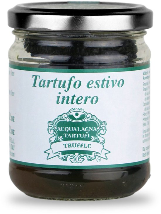 Tartufo estivo intero, hele zomer truffel, Tuber melanosporum, 25g, in glazen pot met groen label.