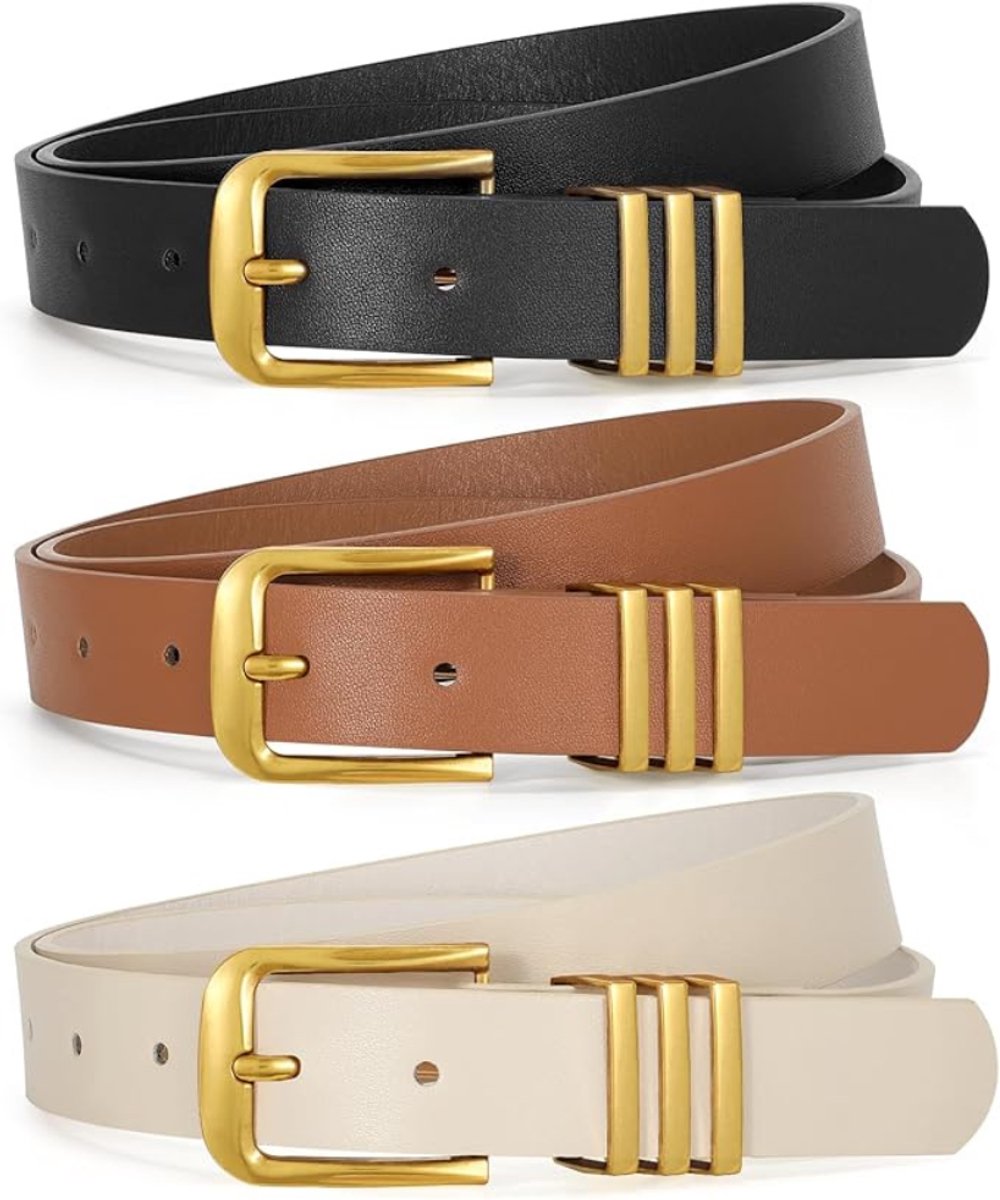 Leren Riem voor Dames - Lederen Riem met Antiek Gouden Gesp Verstelbaar - Stijlvol Cadeau voor Dagelijks Gebruik - 110 cm - 3 Stuks - Zwart/Bruin/Beige - van Imperatoris