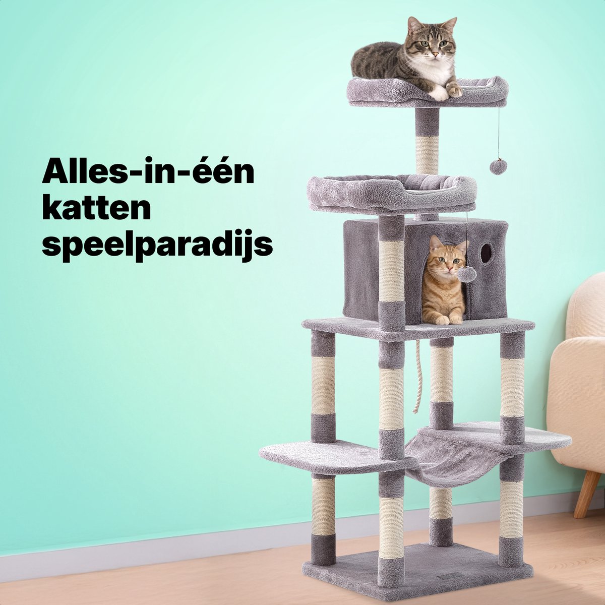 Jake and Jacky Krabpaal voor Katten - Kattenkrabpaal - Krabmeubel - Kattenboom - Krabpalen - Kattenhuis - Lichtgrijs - 147 cm Hoog – foto 6