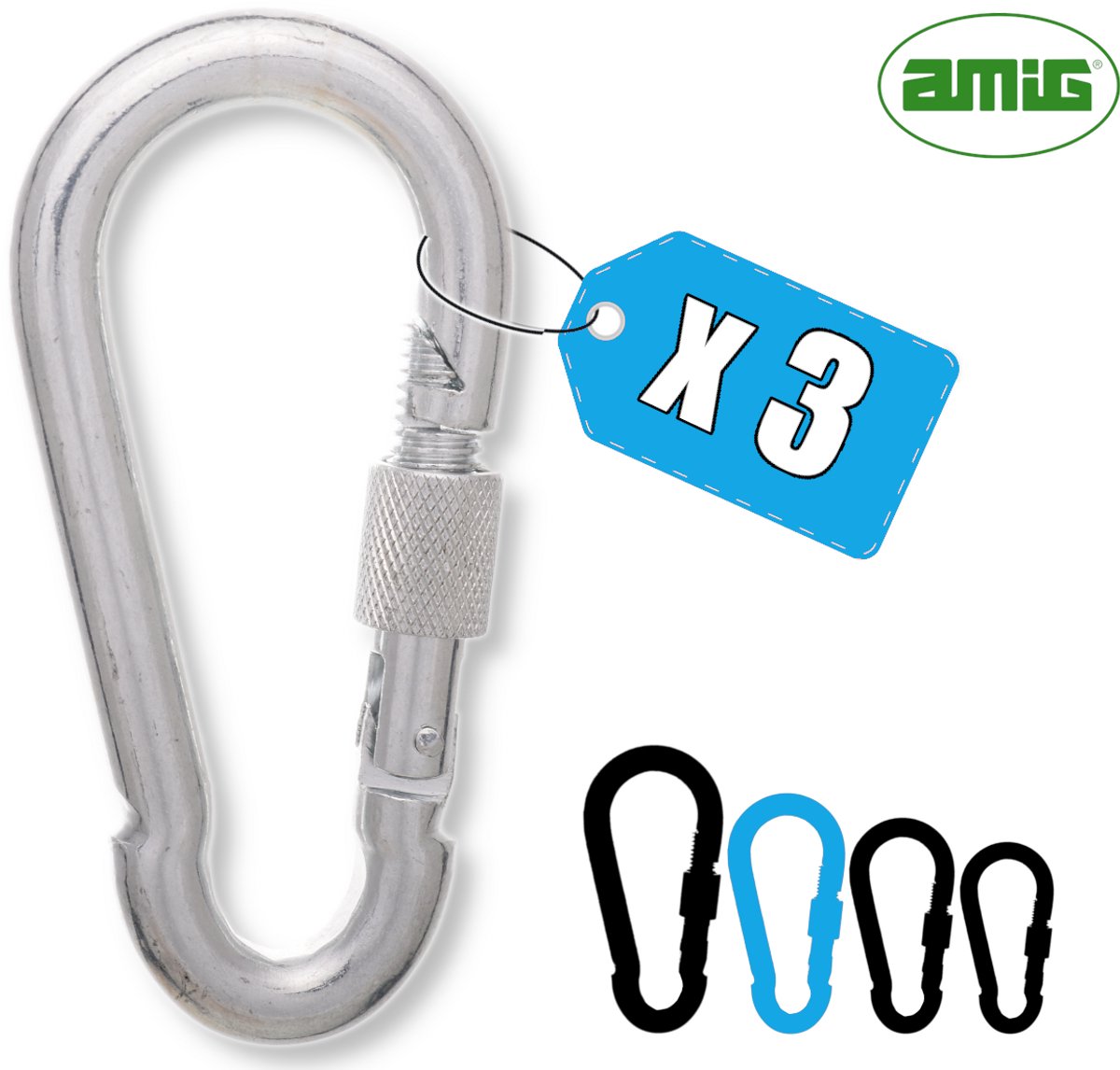 AMIG Karabijnhaak 8x80mm Groot RVS 316 met Schroefsluiting 240kg Zeilboot Zeebestendig Stevig - 3 Stuks