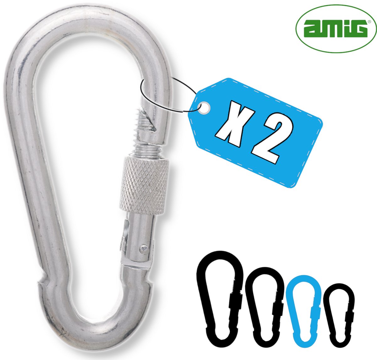 AMIG Karabijnhaak 7x70mm RVS 316 met Schroefsluiting 180kg Zeewater Bestendig Veilig Set - 2 Stuks