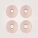 Vier lichtroze, geribbelde siliconen inzetstukken met afmetingen van 17 mm, 19 mm, 21 mm en 24 mm.