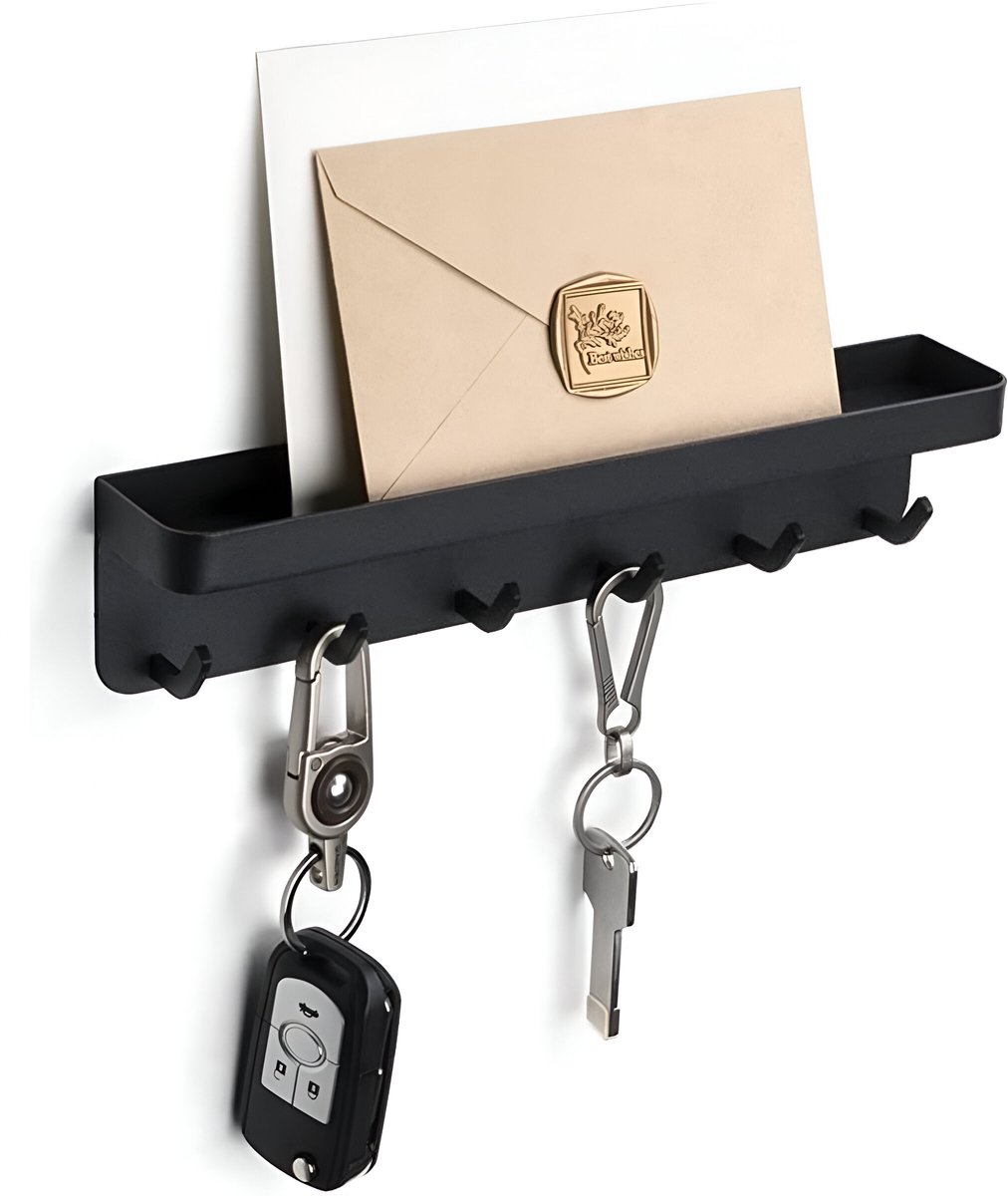 TOJ Zelfklevend sleutelrekje - 6 haakjes - Metaal - 25 cm - Mat zwart