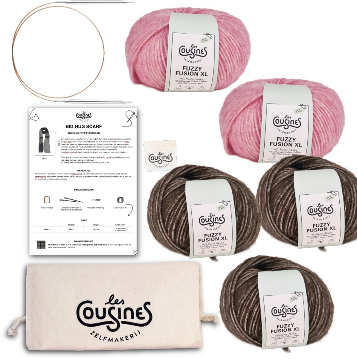 Breipakket-Big Hug Scarf- 100%natuurlijke vezels-Donker groen+Zacht roze