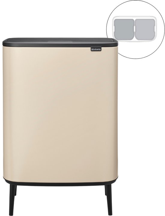Crème Brabantia Bo Touch Bin Hi prullenbak met zwarte deksel en poten. Inzet toont dubbele binnenemmers.