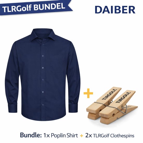Donkerblauw herenhemd met lange mouw, een borstzak en twee houten wasknijpers met opdruk 'TIRGOLE'.