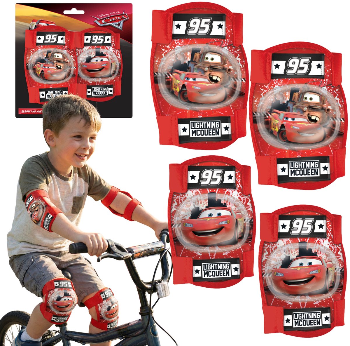DISNEY CARS Knie en elleboogbeschermers voor kinderen voor fietsen steps en rolschaatsen Rood