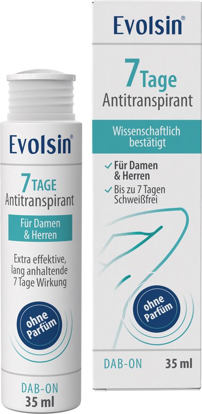 Flesje en doosje van Evolsin Antitranspirant 7 dagen, 35 ml, parfumvrij, voor dames en heren.