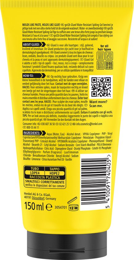 Achterkant van de tube got2b GLUED water resistant spiking gel met productinformatie en ingrediënten.
