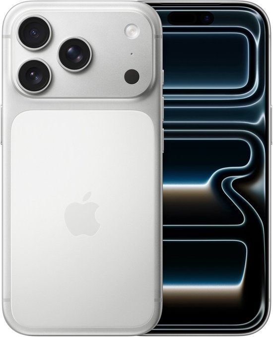 Zilveren iPhone met drievoudige camera achter, Apple logo en helder verlichte weergave van het scherm.