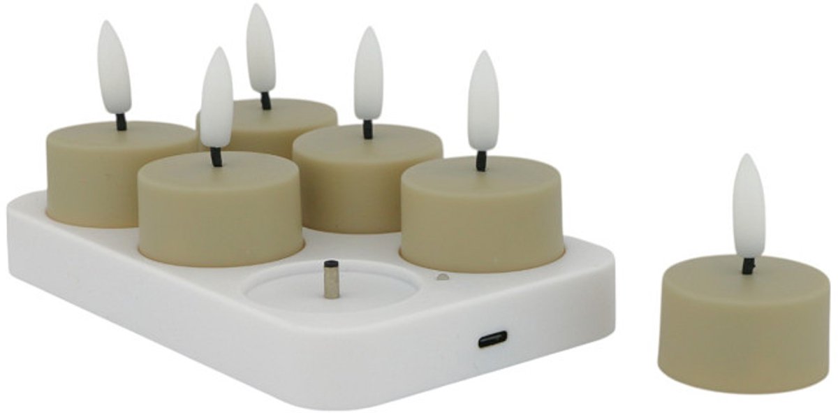 Home Society - LED - Waxinelichtjes - Set van 6 - Greige - Oplaadstation - Usb kabel - Afstandsbediening - Timer