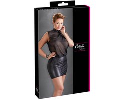 Cottelli Plus Size – Sexy Licht Transparante Mini Jurk met Brede Wetlook Ondergedeelte – Maat XL - Zwart