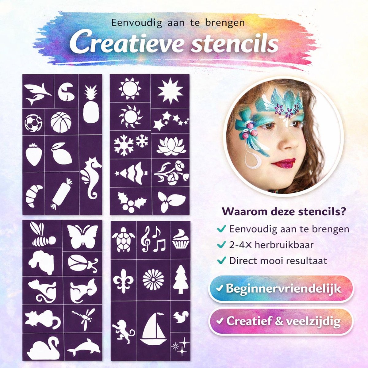 Joyage Schmink kinderen & volwassenen - Op waterbasis - Sjablonen en penselen - Schminkset Elf Make up Kinderen - Face paint palette - Grime Schmink palet volwassenen wit - Kinderschmink voor grimas - Gezichtsverf grimeren - Smink accessoires zwart — afbeelding 6