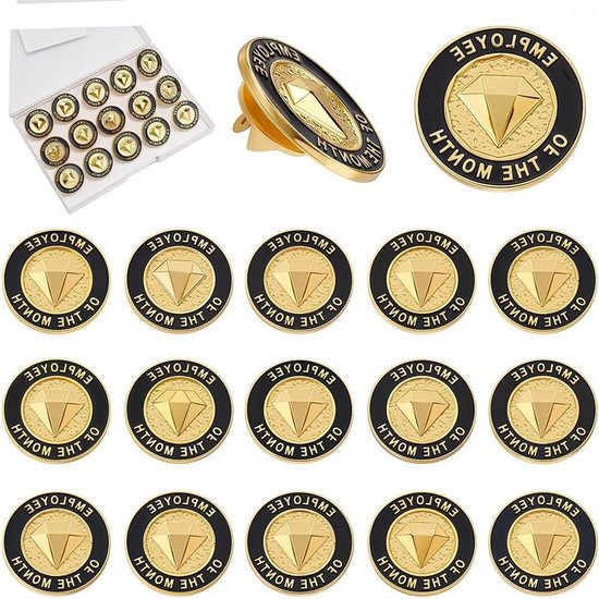 Foto: Allecto werknemer van de maand pins beloning emaille gouden ronde diamant positieve woorden erkenning waardering legering revers badge broches voor werknemer personeel team werknemers 