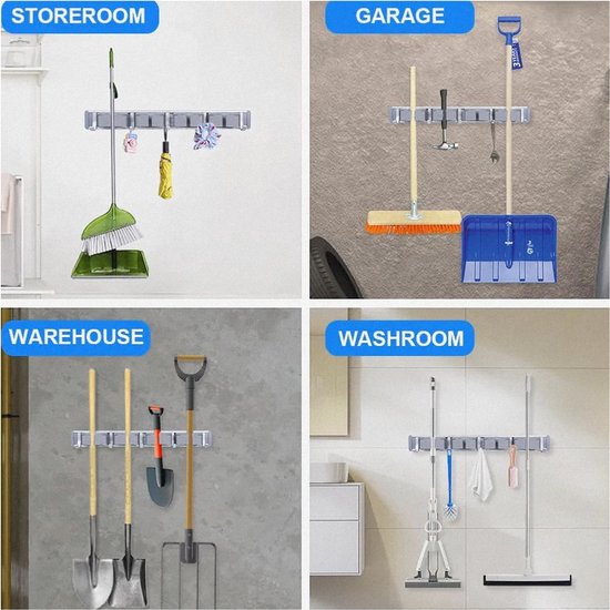 Bezemhouder - Bezem Ophangsysteem - 5 Haken 4 Klemmen - Tuingereedschap Ophangsysteem - Gereedschapshouder - 50 CM - Aluminium - Grijs - Zelfklevend - Voor handgrepen met een diameter van 1,5-2,5 cm van Merkloos	 — afbeelding 3