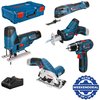 Bosch Professional 12V gereedschapsset met boormachine, reciprozaag, multitool, cirkelzaag en decoupeerzaag, inclusief koffer en lader.