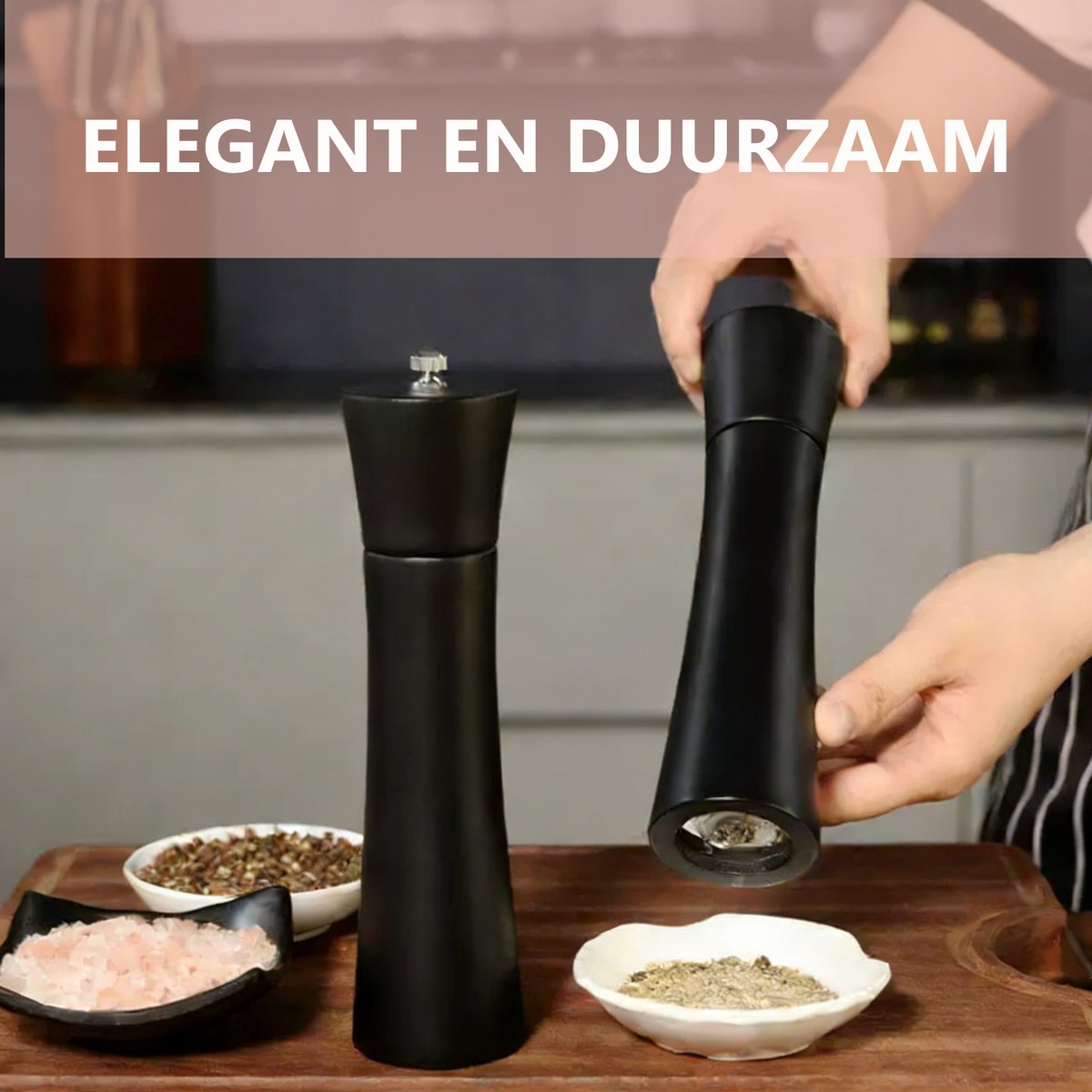 Zout & Pepermolens Set van 2 – Mat Zwart met Onderzetters, Verstelbare Maalgraad - Hout
