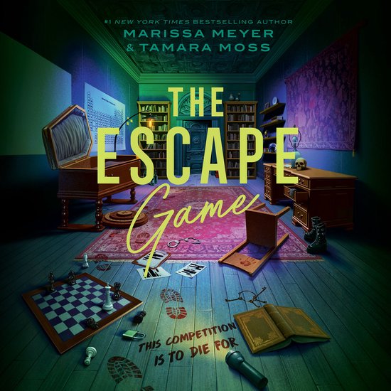 Boekomslag 'The Escape Game' met de titel in grote gele letters, boeken, schaakbord en een open boek. #1 NEW YORK TIMES BESTSELLING AUTHOR MARISSA MEYER & TAMARA MOSS.