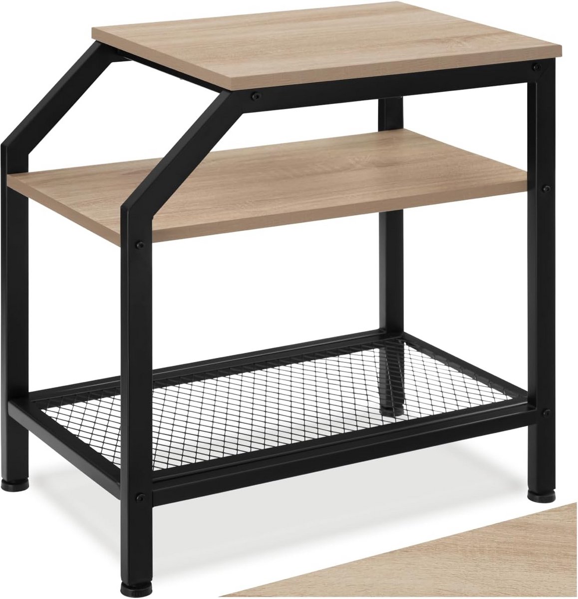 Industriële bijzettafel met 3 niveaus Hoekig design Zwart metalen frame en licht hout