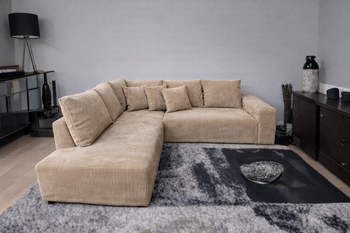 Moderne Hoekbank met Lounge Links – Koningstijl - Antelope Brown Ribstof (Corduroy) – Inclusief Kussens – Comfortabele Zit- en Loungebank voor Woonkamer