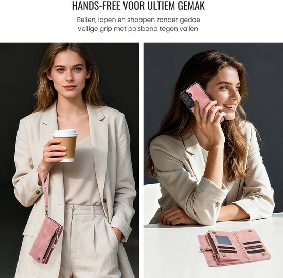 Vrouwen met roze telefoonhoesje met polsband. Toont handsfree gebruik en het dragen van het hoesje.