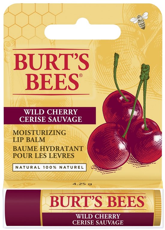 Burt's Bees Wild Cherry lippenbalsem verpakking met afbeelding van kersen en bij.
