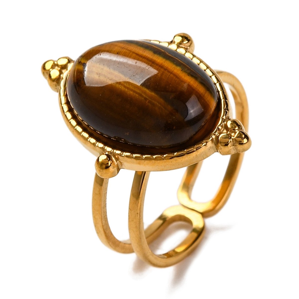 Ring edelsteen met tijgeroog stainless steel bohemian, one size ring, goudkleurig, 100% waterproof, verstelbare ring, cadeau