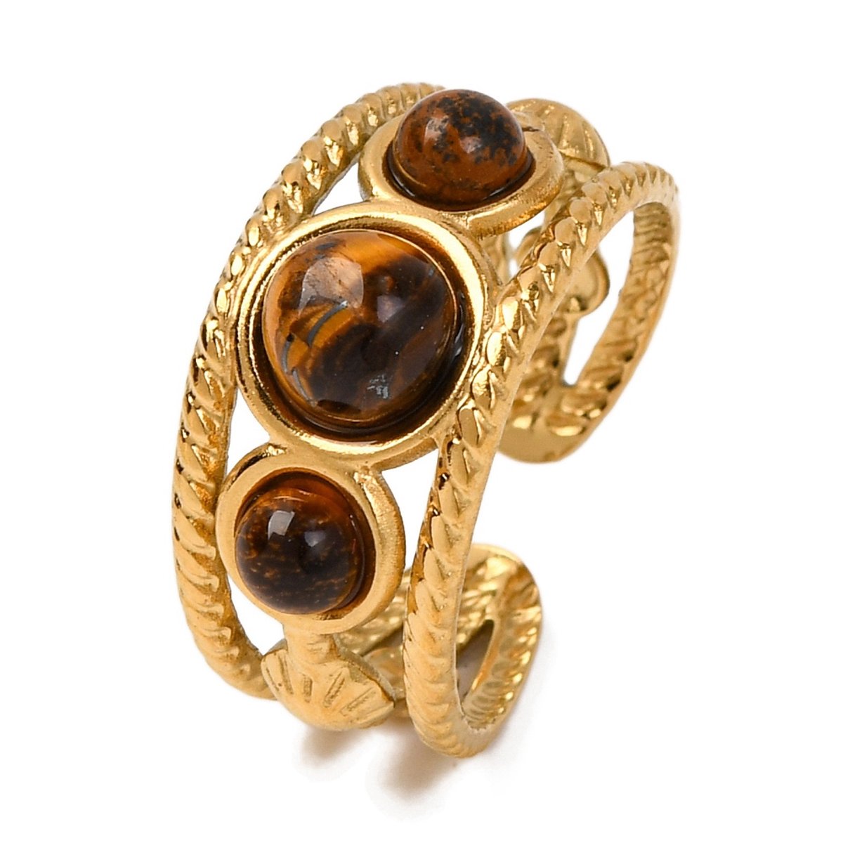 Ring edelsteen met tijgeroog stainless steel bohemian, one size ring, goudkleurig, 100% waterproof, verstelbare ring, cadeau