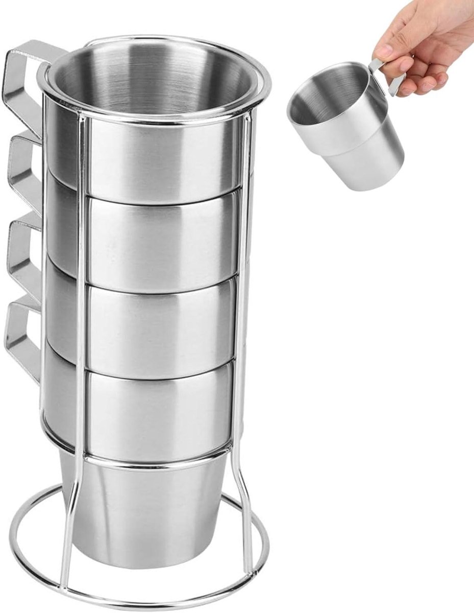 Espressokopjes Set van 4 - Dubbelwandig RVS - Stapelbare Koffiekopjes met Standaard