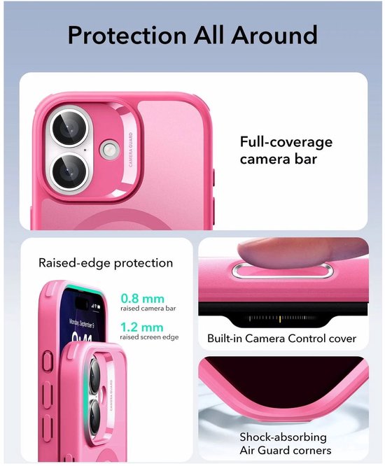 Roze hoesje met details: camera bar, verhoogde randen, ingebouwde camera bediening.