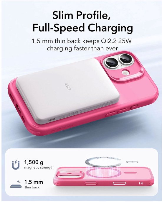 Roze hoesje met magneetische powerbank, 1.5 mm dunne achterkant voor snelladen.