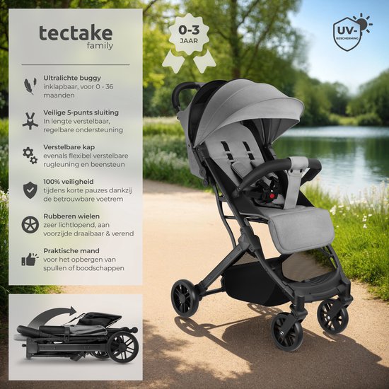 tectake® - Buggy kinderwagen Finn - Lichtgewicht plooibuggy - Inklapbaar en met opvouwbare kap - Draagkracht 15kg - Grijs van TecTake — afbeelding 2