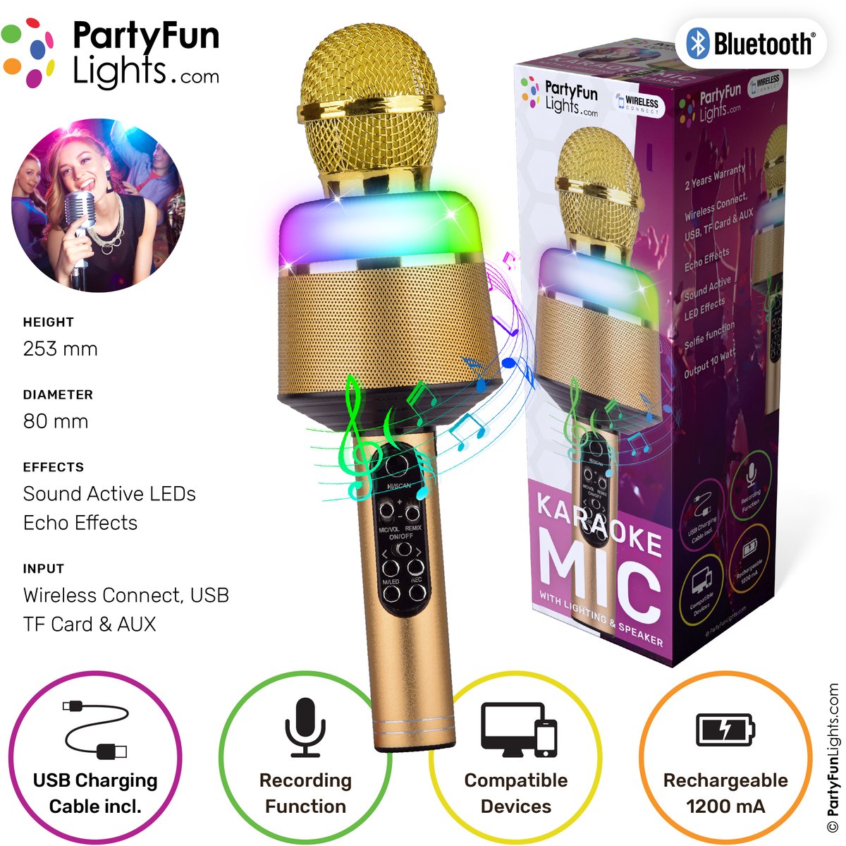 Bluetooth - Goud - Karaoke Set - Voor Kinderen en Volwassenen - Draadloos - Echo - Met Speaker - LED Licht - Nederlandse Handleiding — cadeau in Gadgets - foto 2