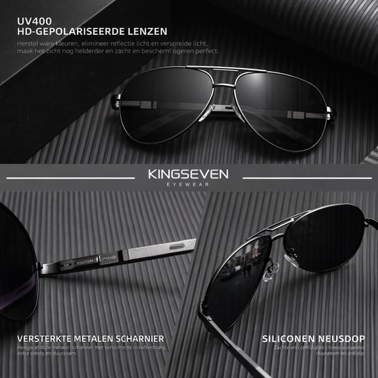 Zwarte Kingseven aviator zonnebril met HD-gepolariseerde lenzen en versterkte metalen scharnieren.