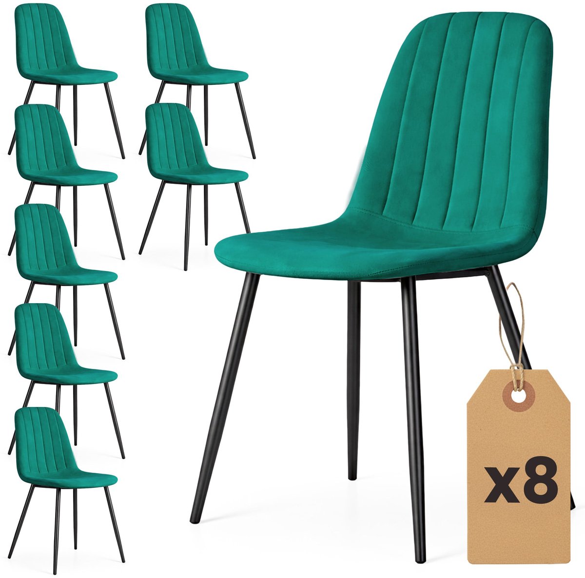 Set van 8 Eetkamerstoelen LUMO / Gestoffeerde Stoelen / Fluwelen Stoelen en Metalen Poten / Flesgroen met zwarte benen
