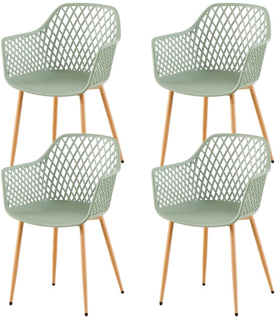 Set van vier grijsgroene kuipstoelen met open, ruitvormig patroon en houten poten.