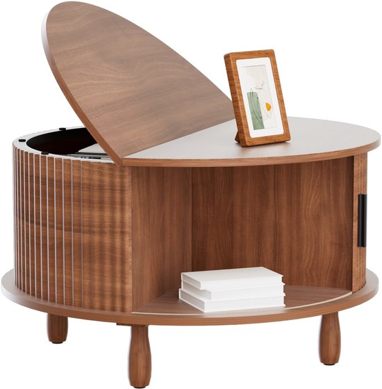 Table - Table basse ronde - Table en bois - Table pliante - Pieds en bois Massief - Table basse ronde ondulée - Avec rangement - Table marron 78 cm x 46 cm
