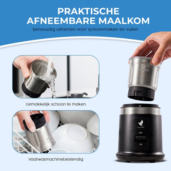 Zwarte elektrische koffiemolen. Bovenste maalcontainer wordt uit de behuizing gehaald. Links: container wordt afgespoeld, daarna in vaatwasser geplaatst.