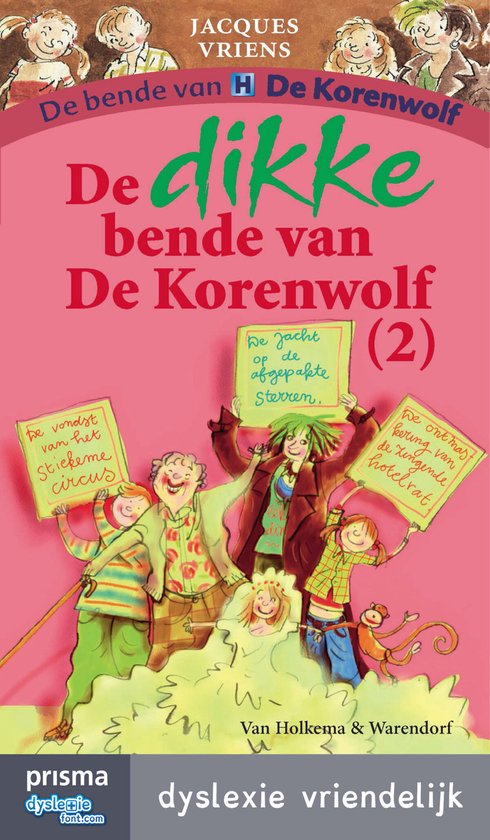 Boekomslag met tekening van lachende kinderen die borden vasthouden met titels. Tekst: De bende van De Korenwolf.