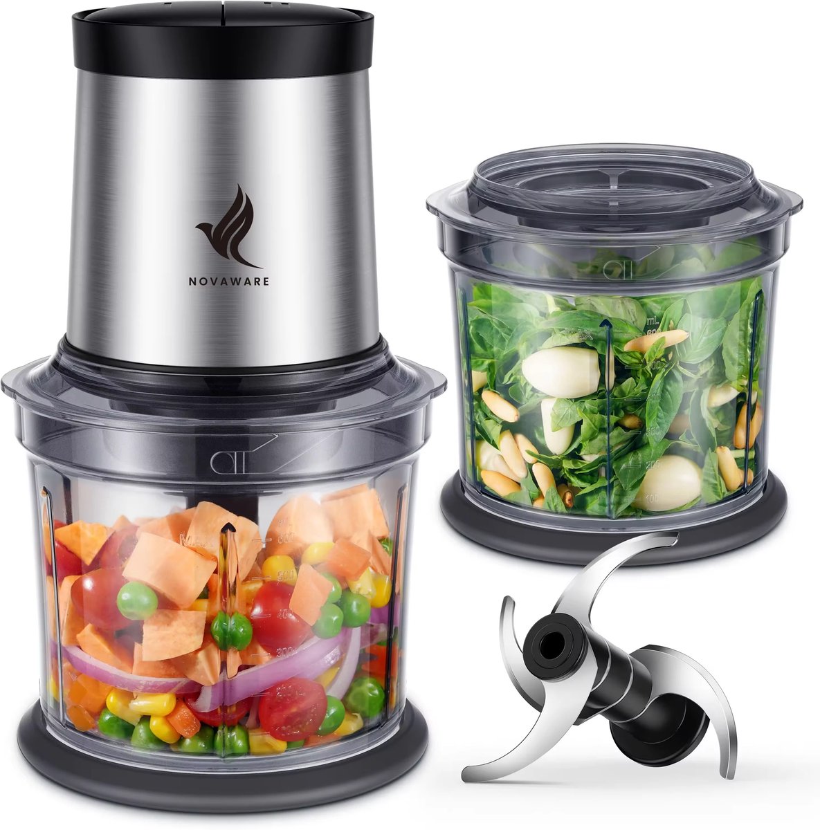 NovaWare Hakmolen Elektrisch – Food Chopper – Hakmolen Electrisch – Groentesnijder – 4 Messen - 300W – 900ml