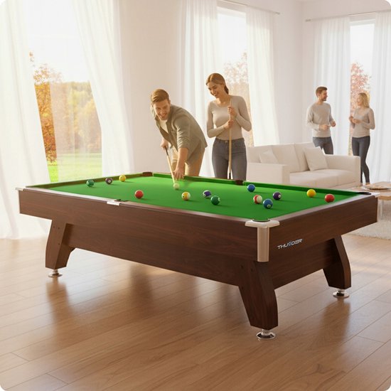 Thunder 7FT - Luxe bruine houten pooltafel - 226 x 127 cm - inclusief poolbenodigdheden: set van 16 poolballen, 2x keu, triangel, borstel & poolkrijt — afbeelding 4